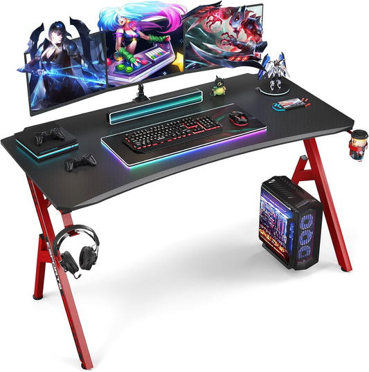 Gaming Desk 55 Inch PC Computer Desk, Home Office Desk Workstation, Professional Gaming Desk Table with Cup Holder & Headphone Hook