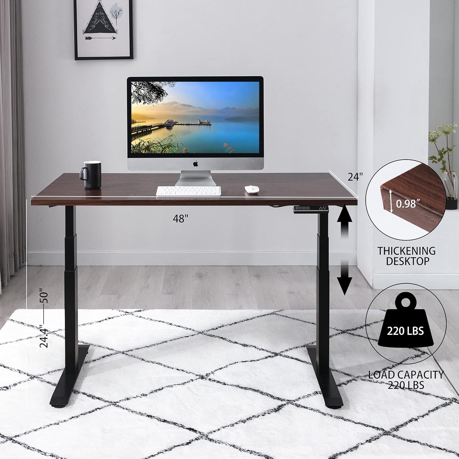 Electric Standing Desk Dual Motor Adjustable Height Desk Seamless Desktop 3-Stage Adjustable Steel Legs Ultra-Quiet Adjustment Stand up Desks for Home Office 48”X24” Black