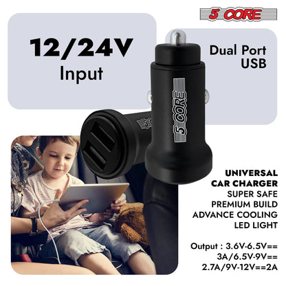 5 Core USB Car Charger Cigarette Lighter Adapter Dual USB Port Adapter 12/24 V Fast Charging