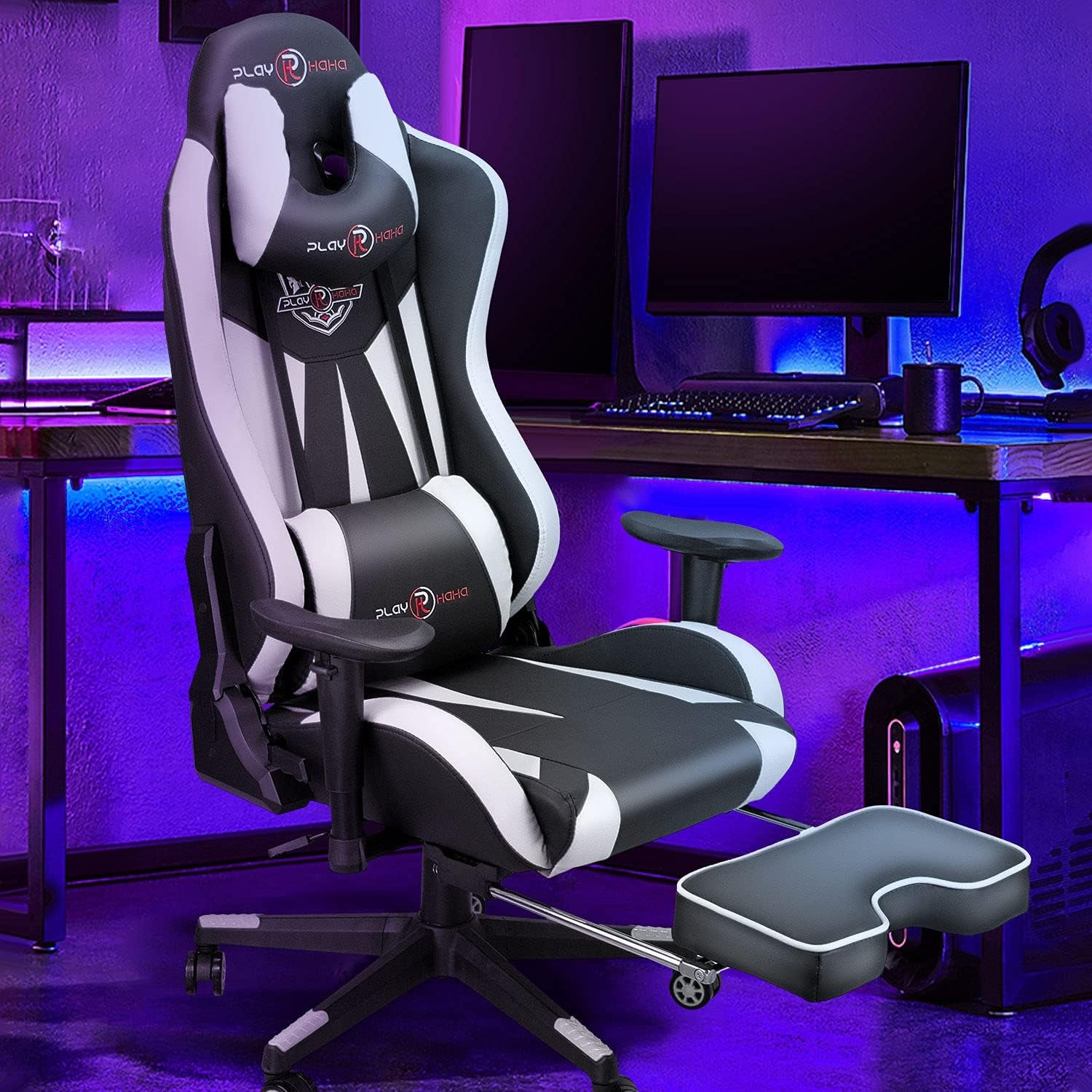 Gaming Chair with Footrest, Gaming Chairs, Comfortable Office Chairs Ergonomic Computer Gamer Chair with Headrest and Lumbar Support, High Back Gaming Chairs for Teens Adults, White