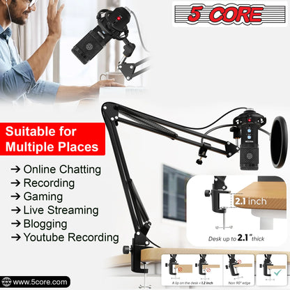 5 Core Podcast Microphone Bundle USB Condenser PC Mic Recording Studio Equipment Gaming Streaming