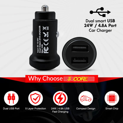 5 Core USB Car Charger Cigarette Lighter Adapter Dual USB Port Adapter 12/24 V Fast Charging